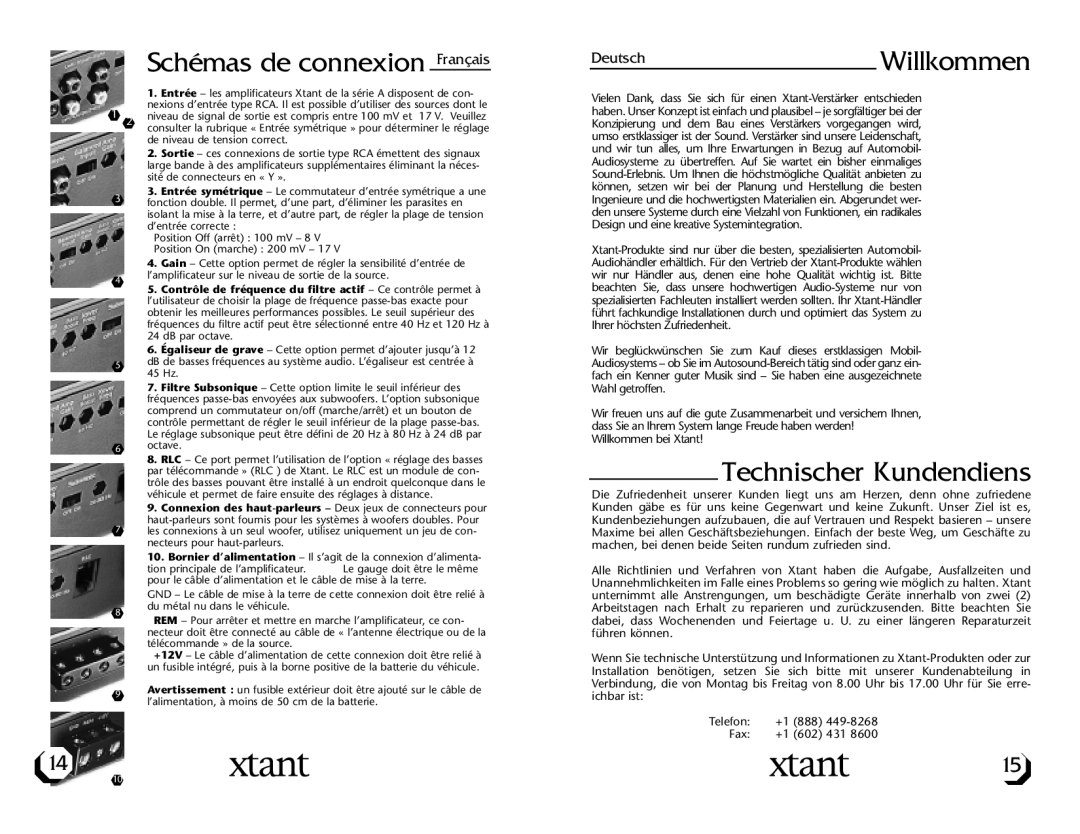 Xtant A3001/A6001 owner manual Schémas de connexion Français, DeutschWillkommen, Technischer Kundendiens 