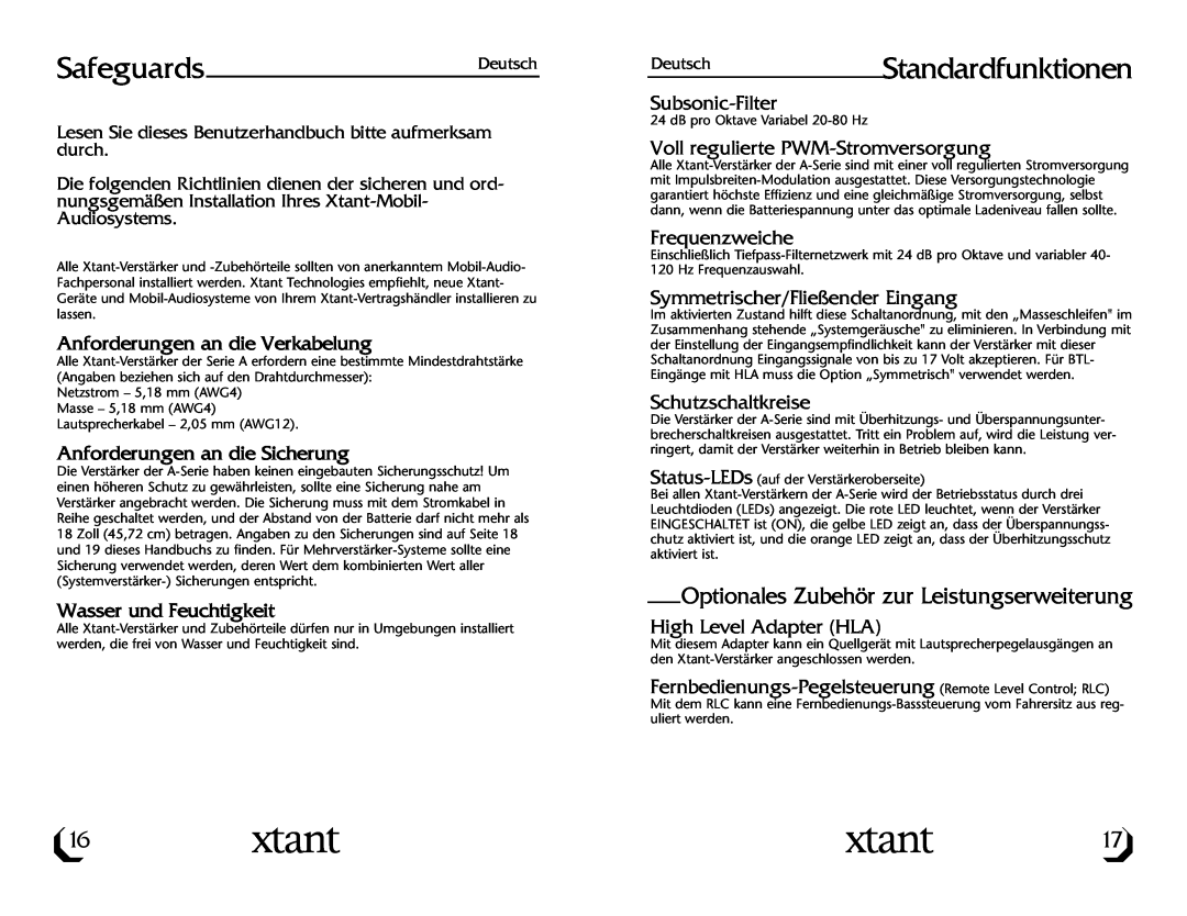Xtant A3001/A6001 owner manual SafeguardsDeutsch, DeutschStandardfunktionen, Optionales Zubehör zur Leistungserweiterung 