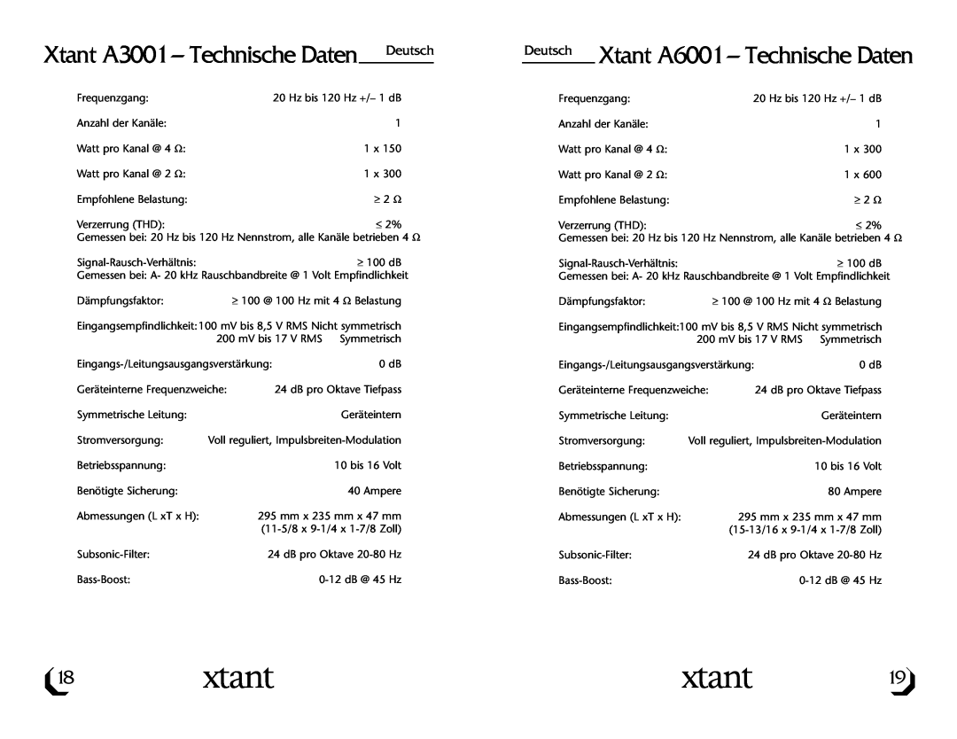 Xtant A3001/A6001 owner manual Xtant A3001 - Technische Daten, Xtant A6001 - Technische Daten, Deutsch 