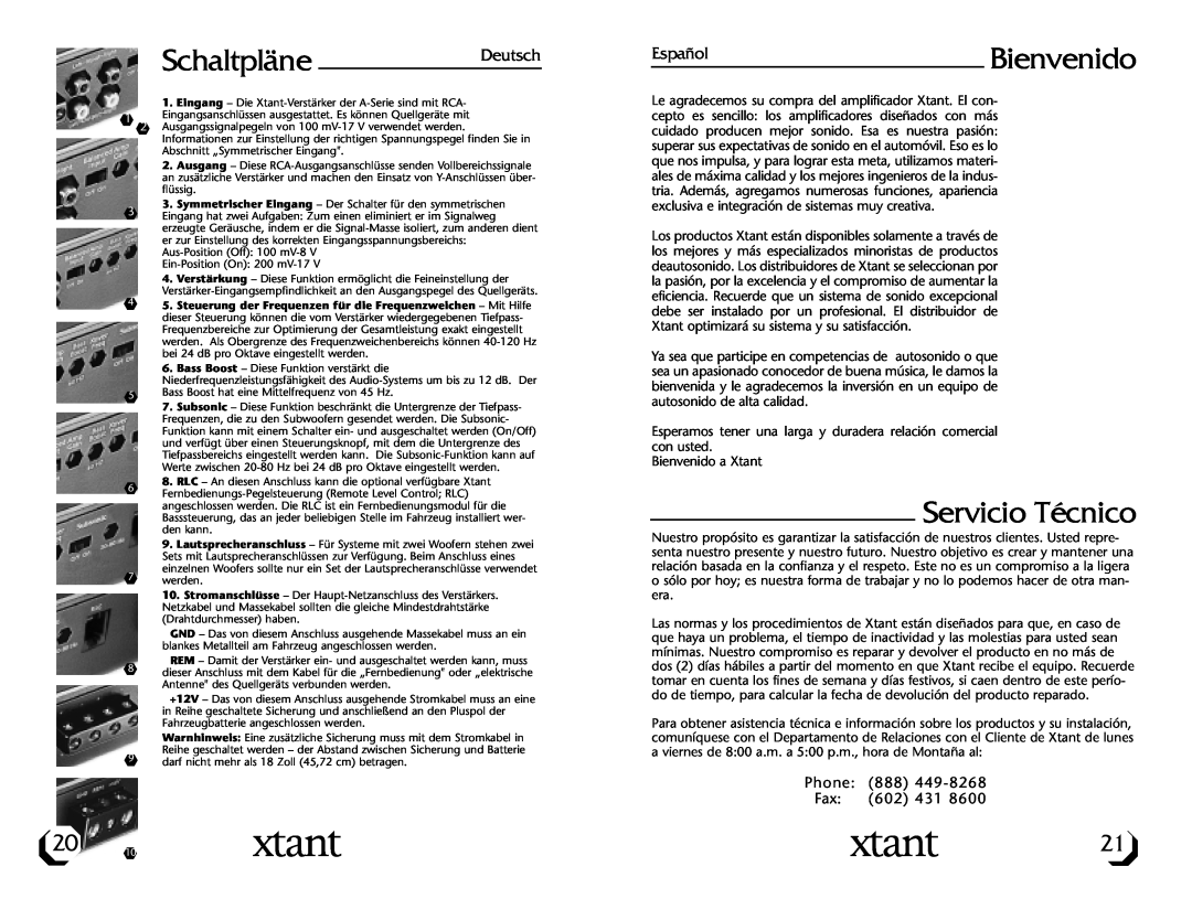 Xtant A3001/A6001 owner manual SchaltpläneDeutsch, EspañolBienvenido, Servicio Técnico, Phone 888 Fax 