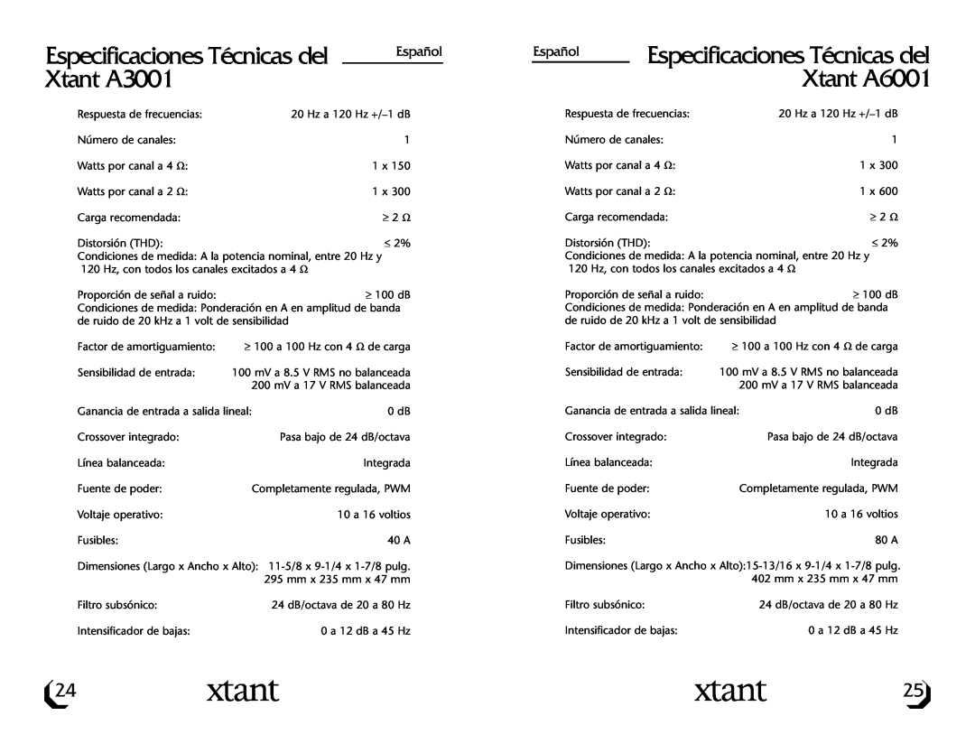 Xtant A3001/A6001 owner manual Especificaciones Técnicas del, Xtant A3001, Xtant A6001, Español 