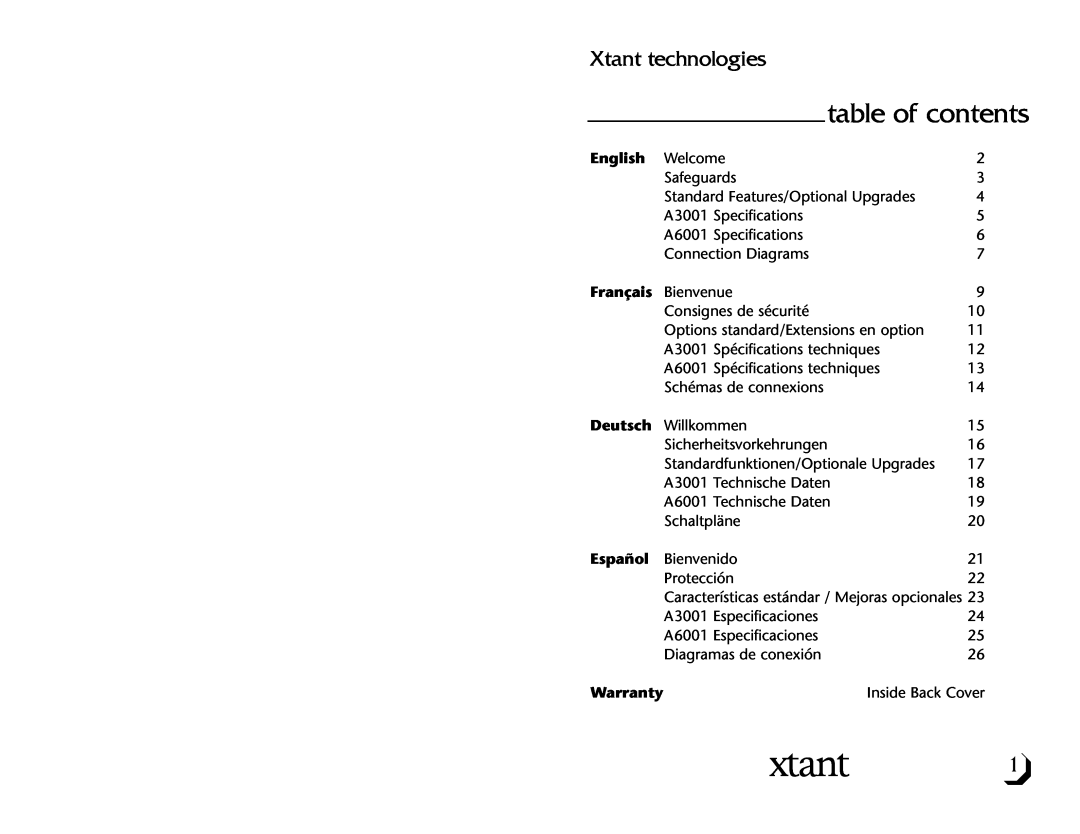 Xtant A3001/A6001 owner manual table of contents, Xtant technologies 