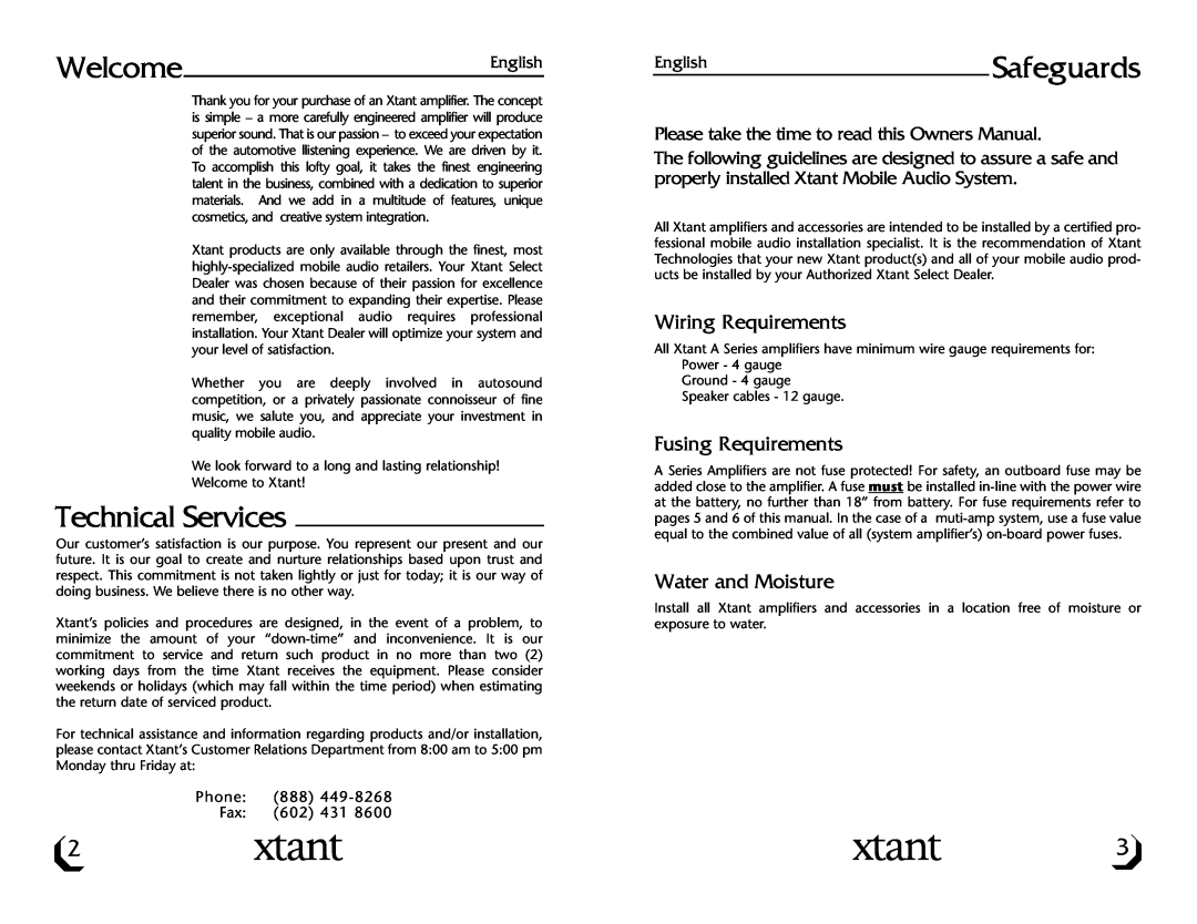 Xtant A3001/A6001 owner manual WelcomeEnglish, Technical Services, EnglishSafeguards, Phone 888 Fax 