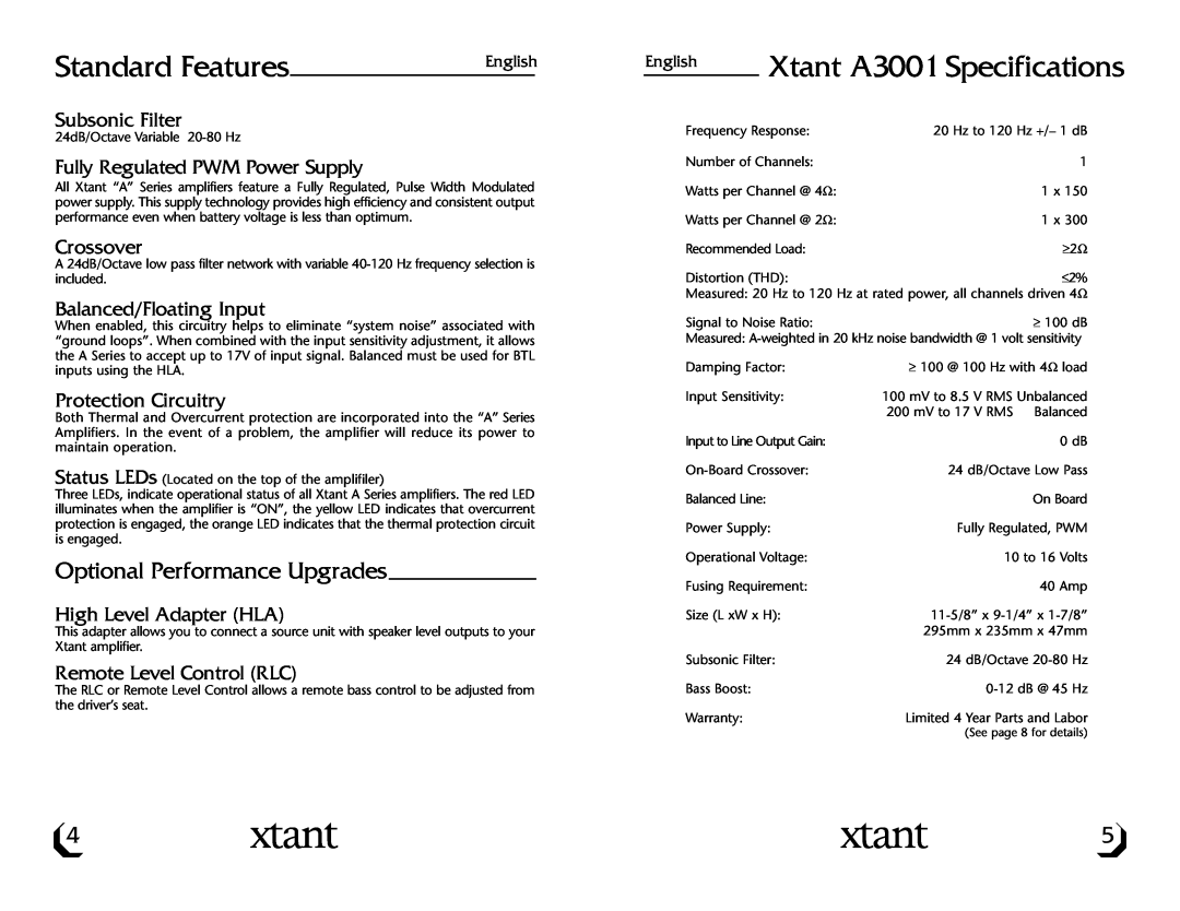 Xtant A3001/A6001 owner manual Standard Features, Xtant A3001 Specifications, Optional Performance Upgrades, English 