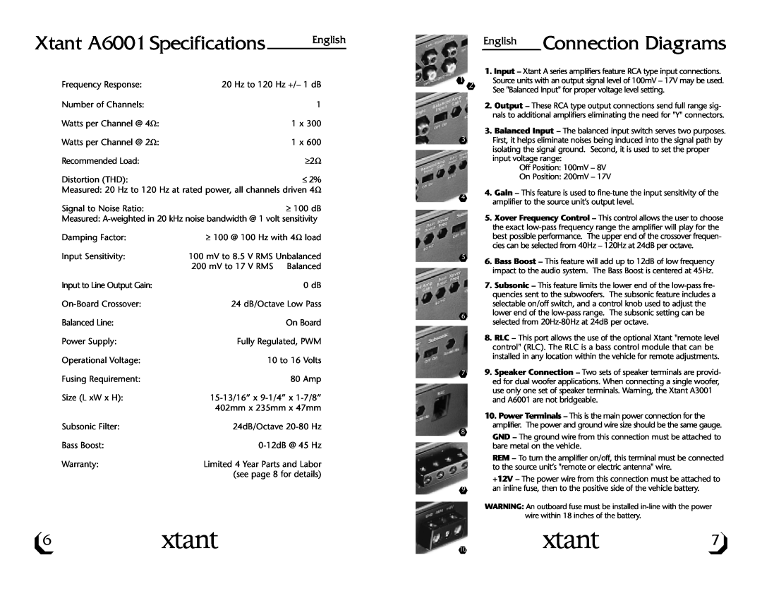 Xtant A3001/A6001 owner manual Xtant A6001 Specifications, Connection Diagrams, English 