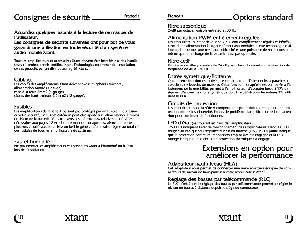 Xtant A3001/A6001 owner manual Consignes de sécurité, Options standard 