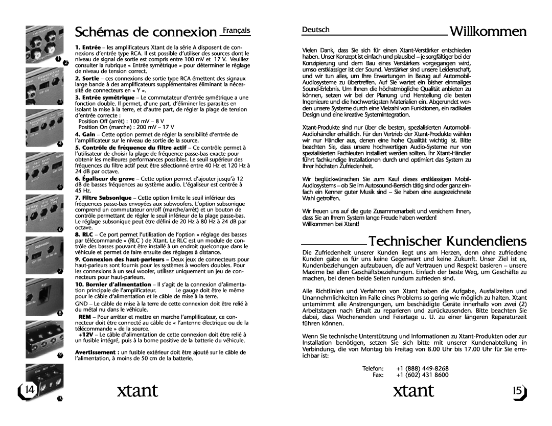 Xtant A3001/A6001 owner manual Schémas de connexion Français, DeutschWillkommen, Technischer Kundendiens 