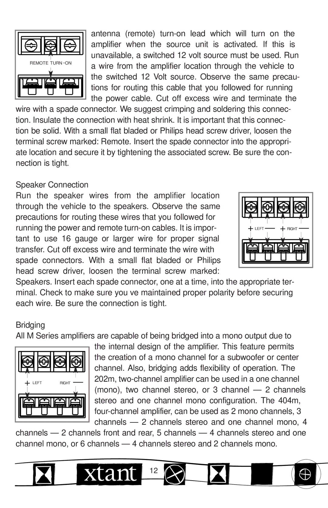 Xtant M Series manual Speaker Connection, Bridging 