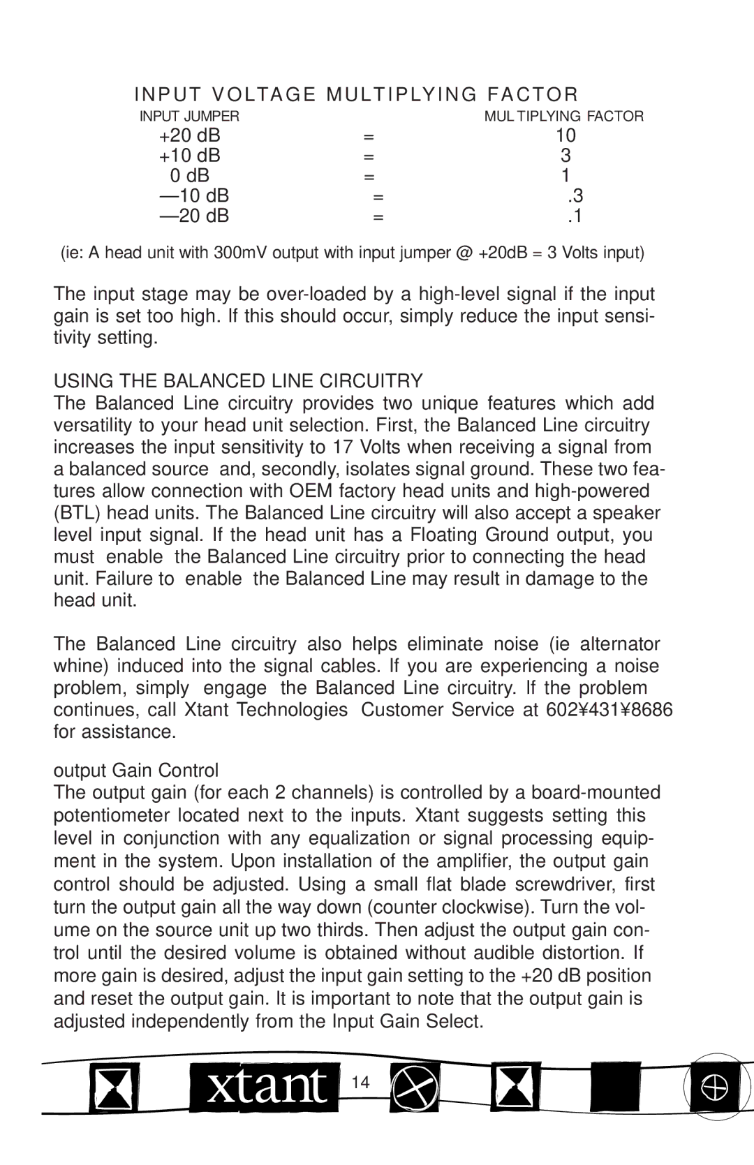 Xtant M Series manual Input Voltage Multiplying Factor, Using the Balanced Line Circuitry, Output Gain Control 
