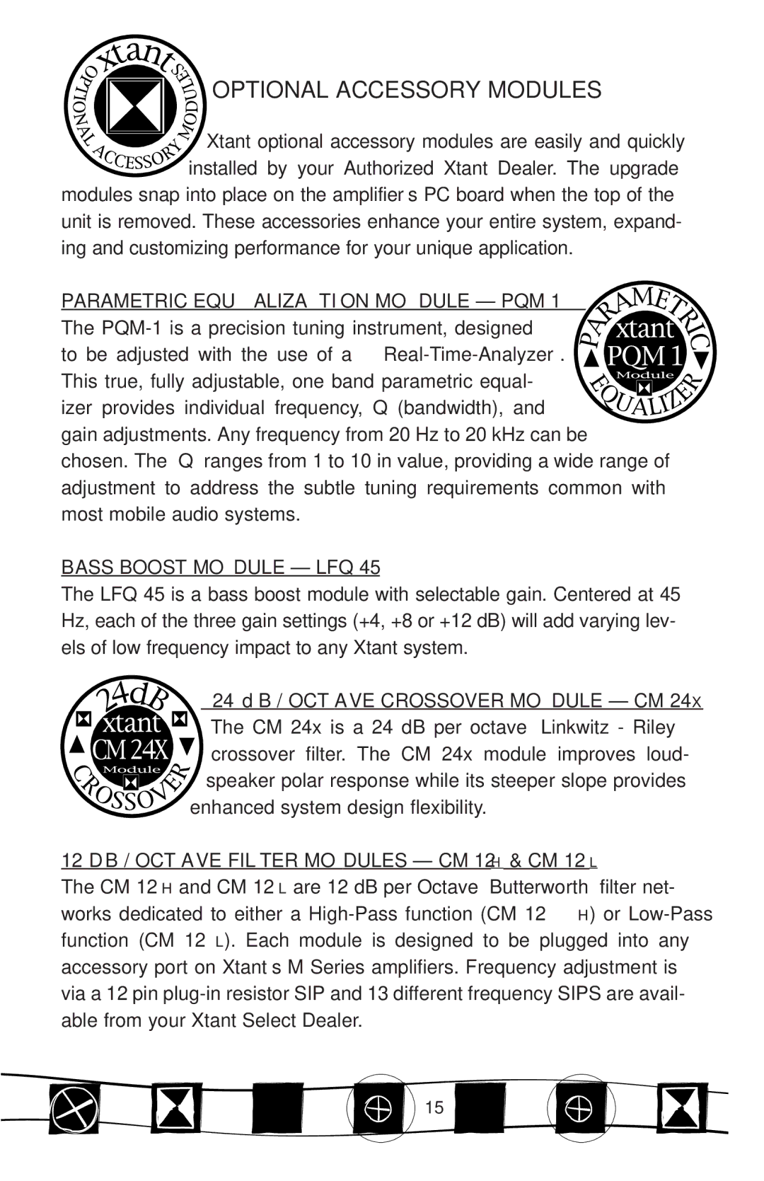 Xtant M Series manual Optional Accessory Modules, Bass Boost Module LFQ, 24 DB / Octave Crossover Module CM 