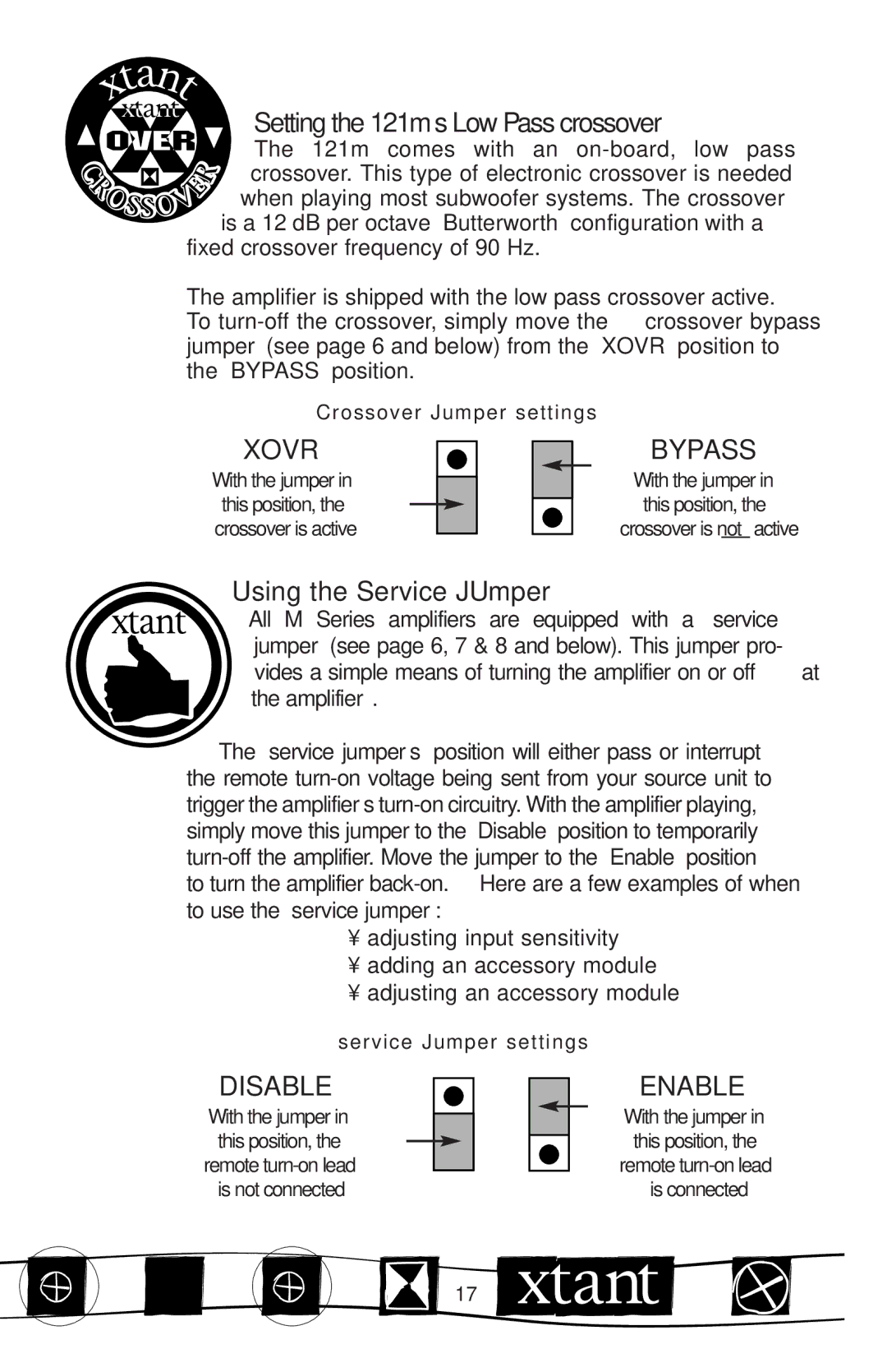 Xtant M Series manual Setting the 121M’S LOW Pass Crossover, Using the Service Jumper 
