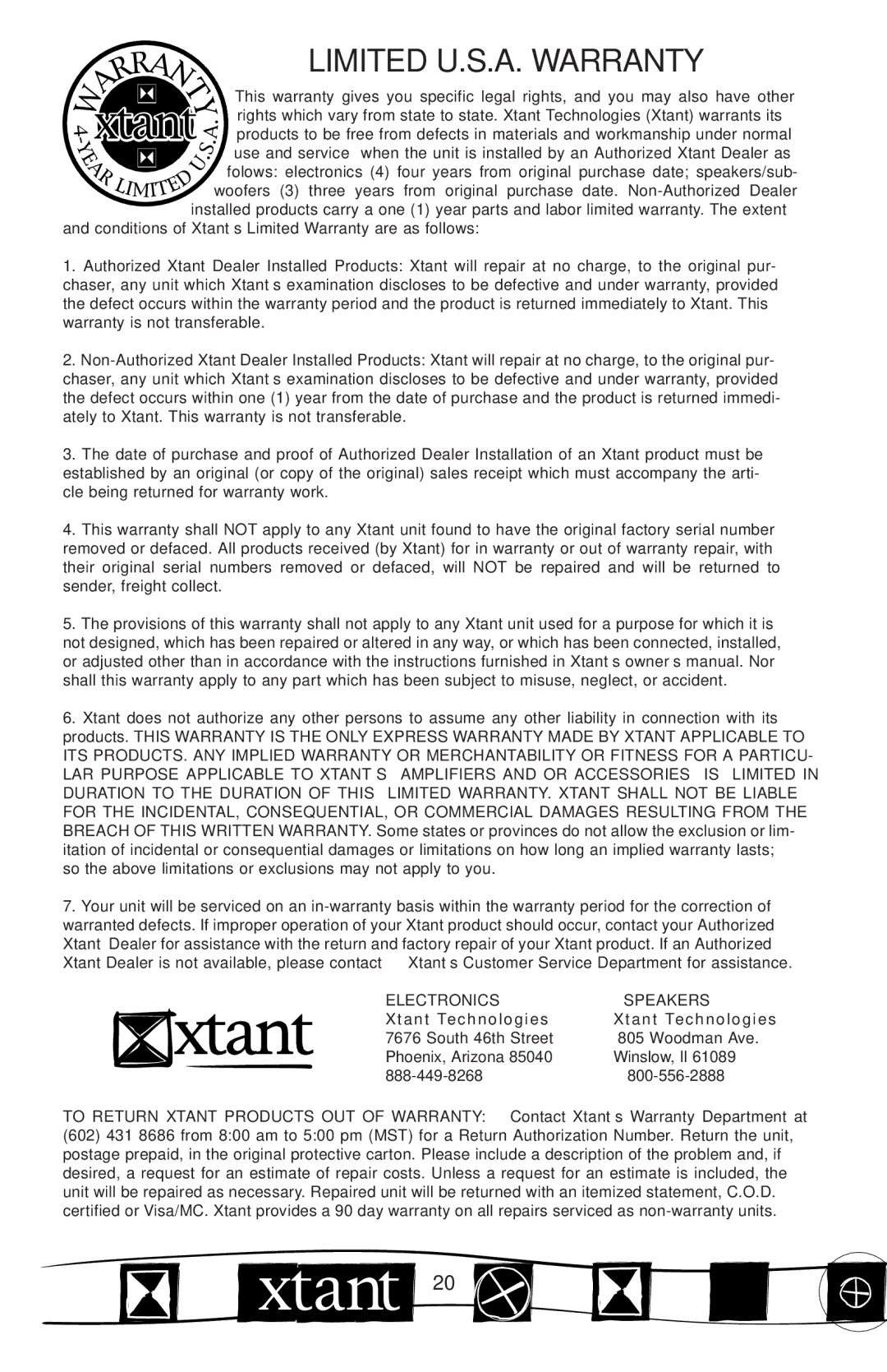 Xtant M Series manual Limited U.S.A. Warranty 