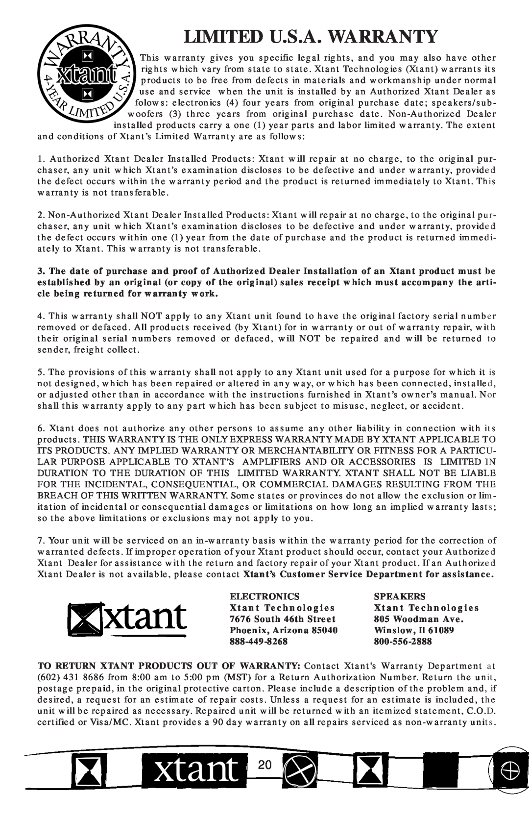 Xtant M Series manual Limited U.S.A. Warranty 