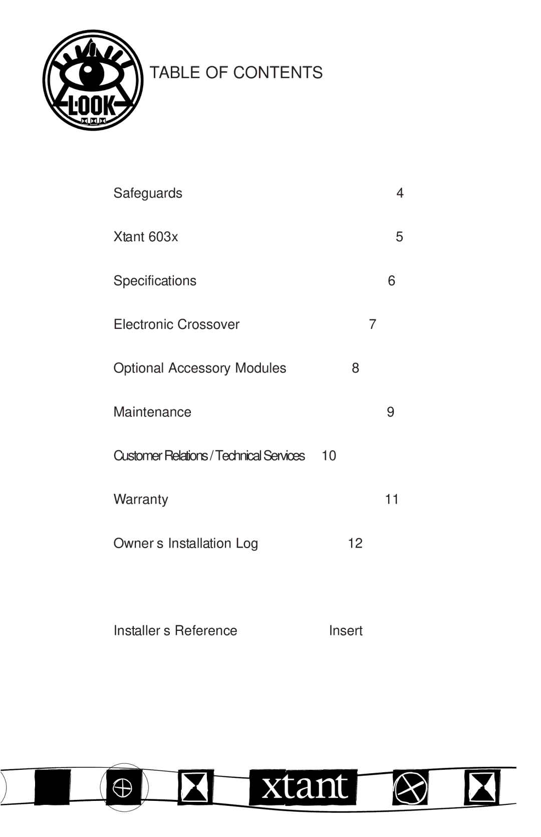 Xtant Model 603x manual Table of Contents 