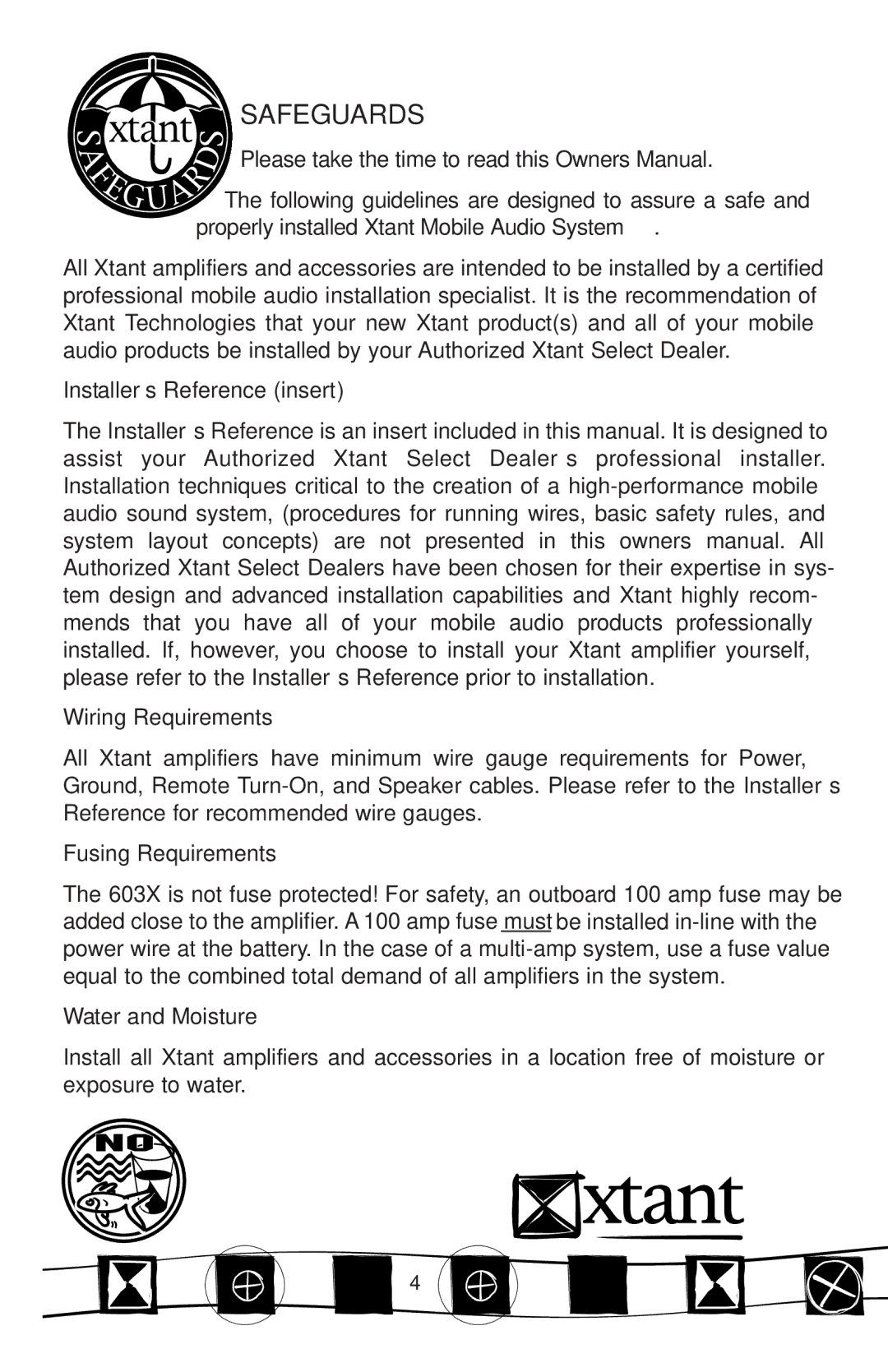 Xtant Model 603x Safeguards, INSTALLER’S Reference Insert Wiring Requirements, Fusing Requirements, Water and Moisture 