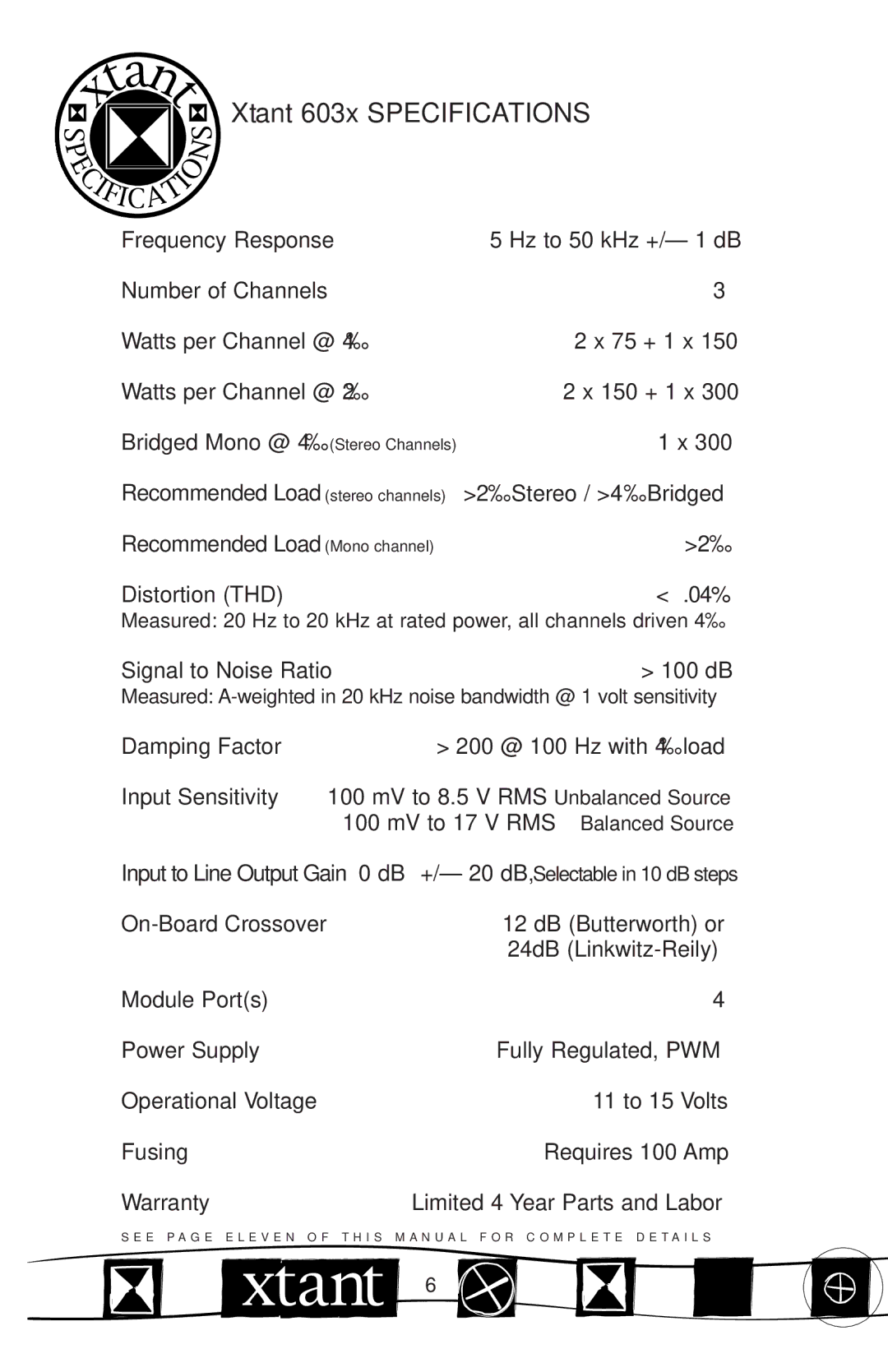 Xtant Model 603x manual Xtant 603X Specifications 