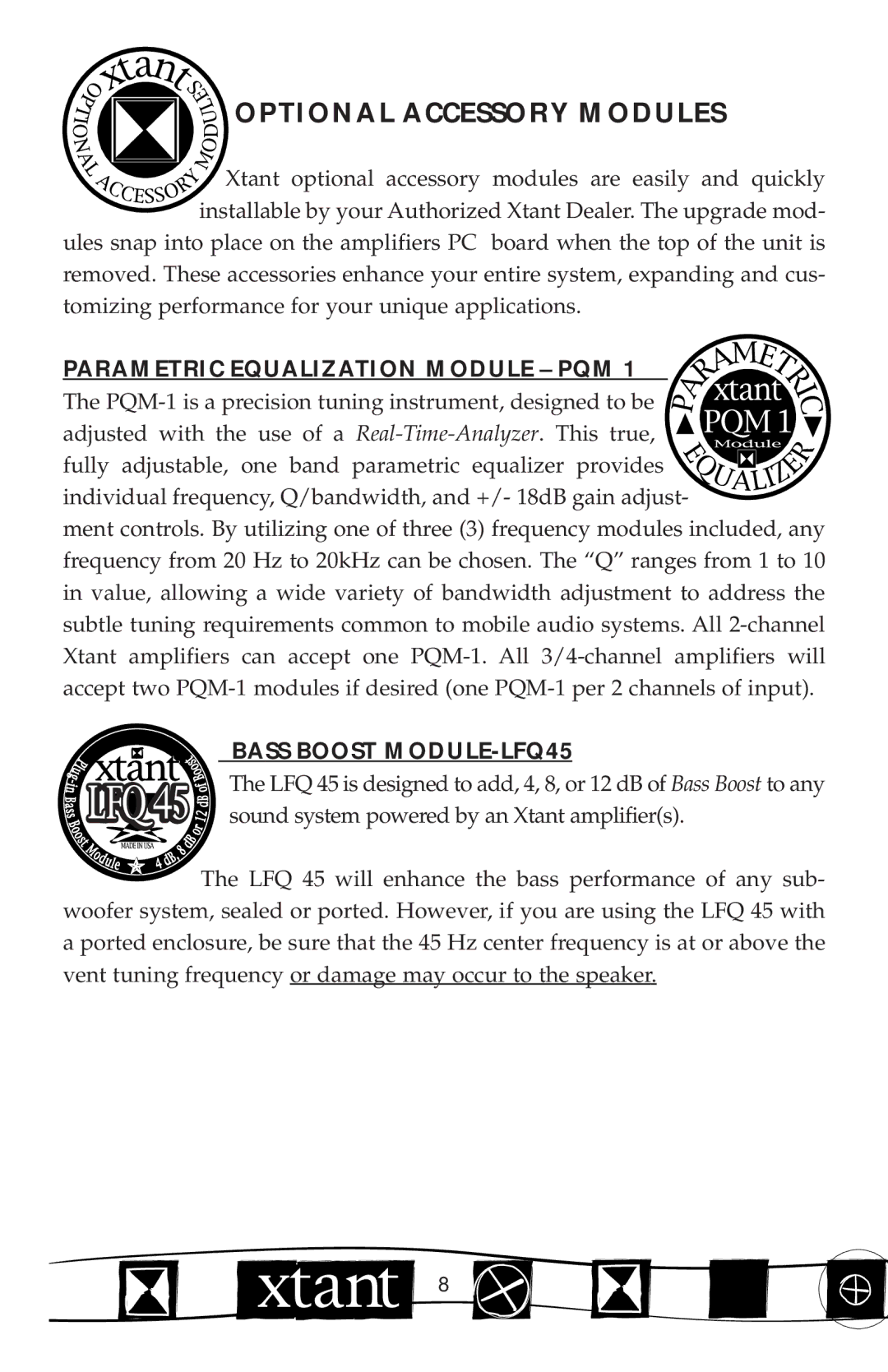 Xtant Model 603x manual Optional Accessory Modules, Parametric Equalization Module PQM, Bass Boost MODULE-LFQ45 