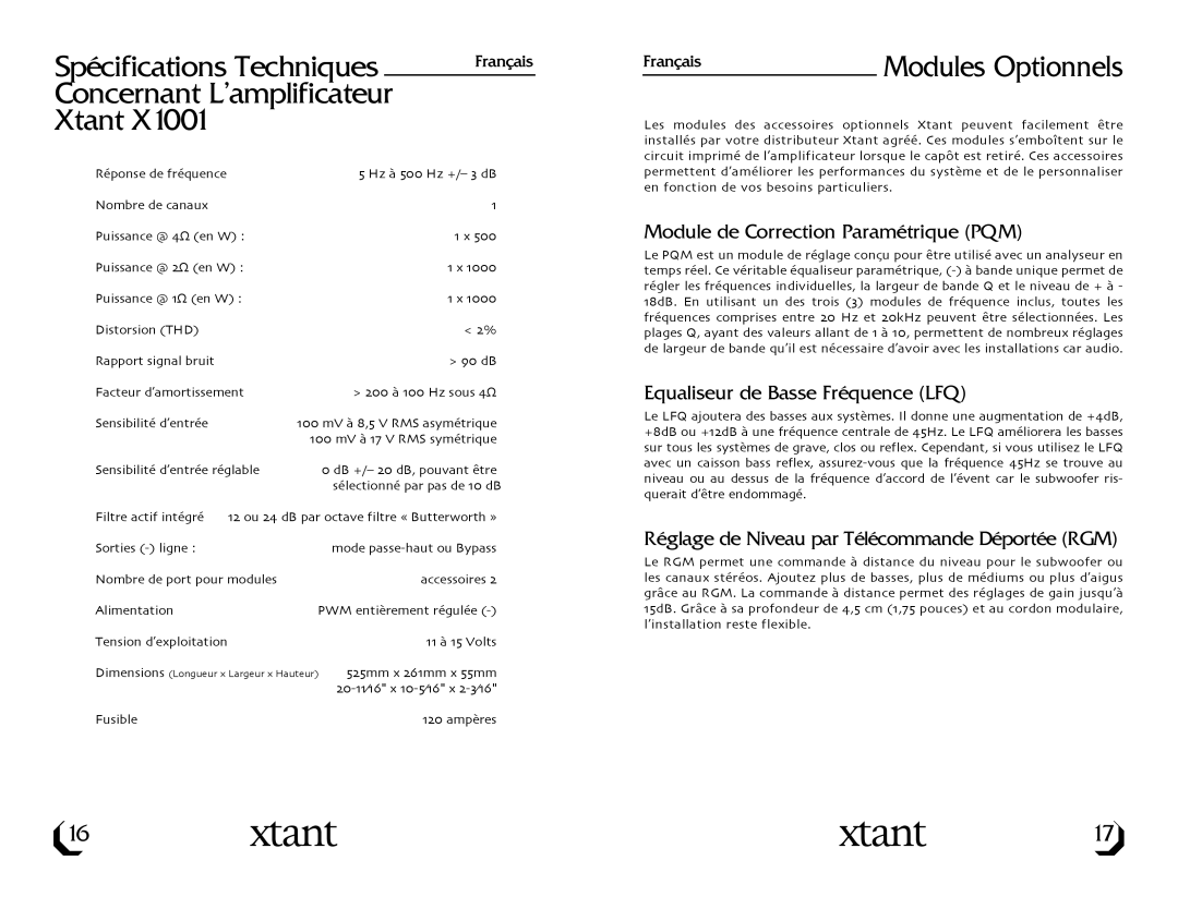 Xtant Model X1001 Spécifications Techniques, Concernant L’amplificateur Xtant, Module de Correction Paramétrique PQM 