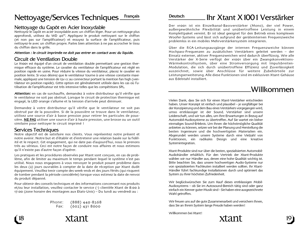 Xtant Model X1001 owner manual Nettoyage/Services Techniques Français, Ihr Xtant X1001 Verstärker, Willkommen 