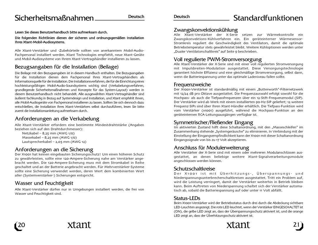 Xtant Model X1001 owner manual Sicherheitsmaßnahmen Deutsch, DeutschStandardfunktionen 