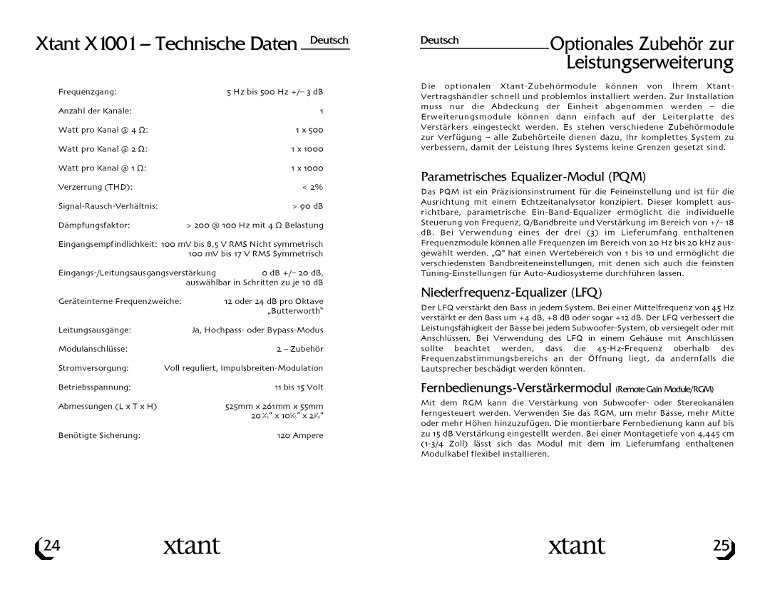 Xtant Model X1001 Xtant X1001 Technische Daten Deutsch, Parametrisches Equalizer-Modul PQM, Niederfrequenz-Equalizer LFQ 