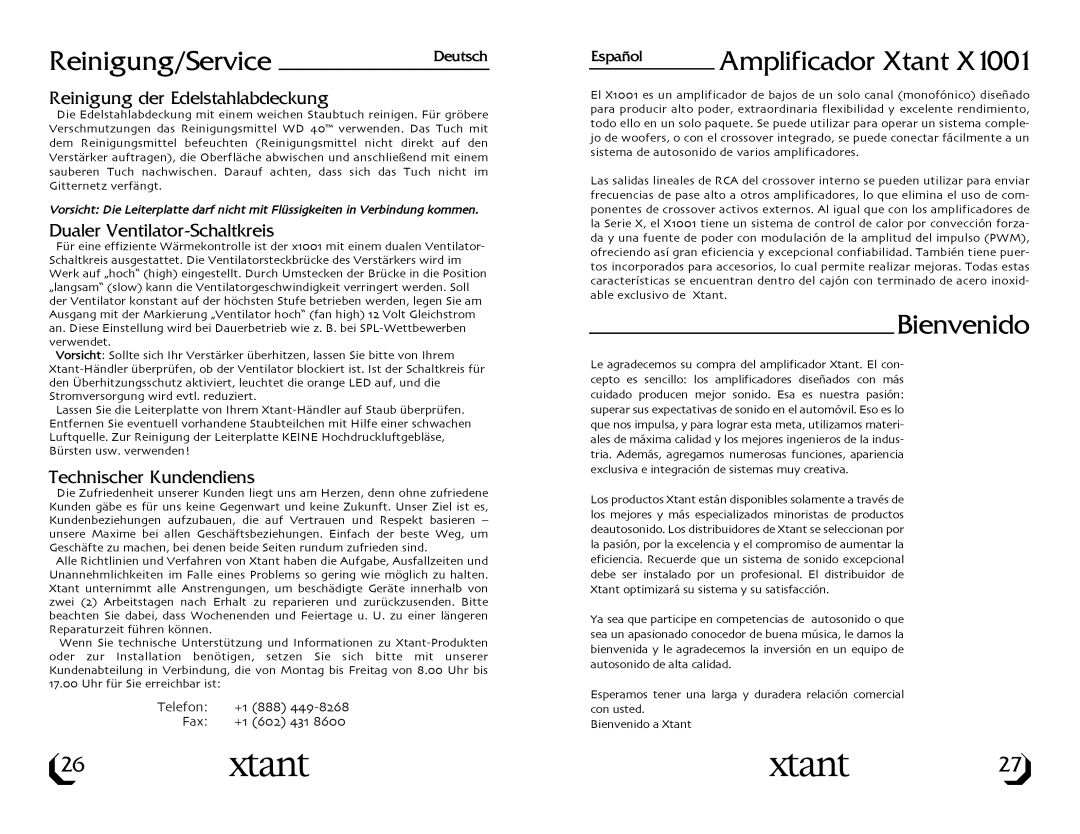 Xtant Model X1001 owner manual Reinigung/ServiceDeutsch, Amplificador Xtant, Bienvenido 