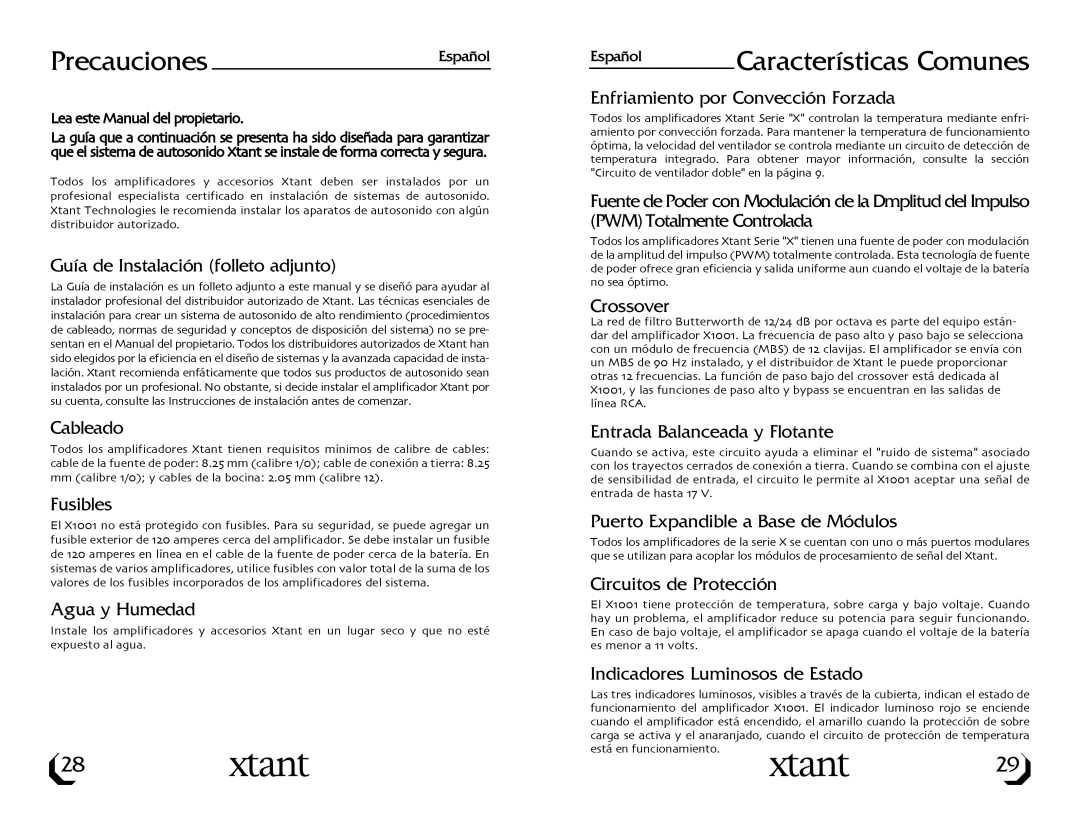 Xtant Model X1001 owner manual PrecaucionesEspañol, Características Comunes 