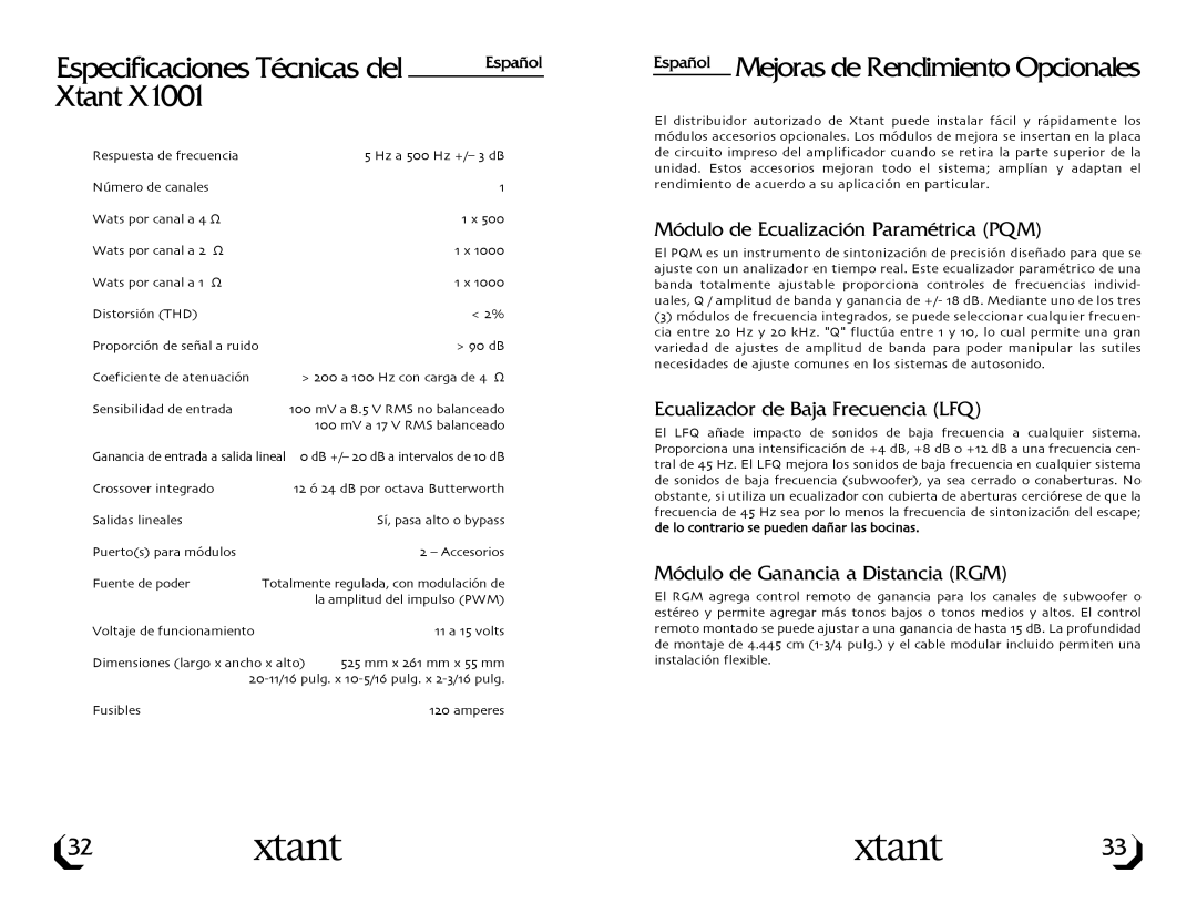 Xtant Model X1001 owner manual Especificaciones Técnicas del, Módulo de Ecualización Paramétrica PQM 