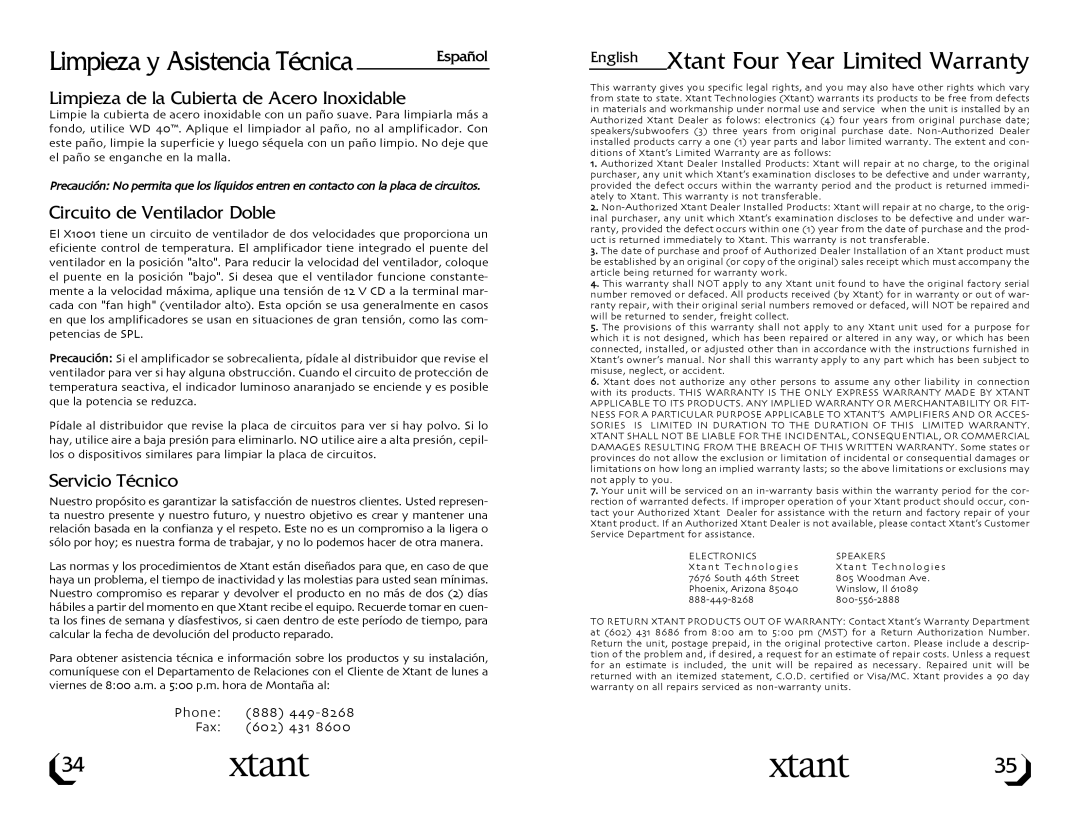 Xtant Model X1001 owner manual Limpieza de la Cubierta de Acero Inoxidable, Circuito de Ventilador Doble, Servicio Técnico 