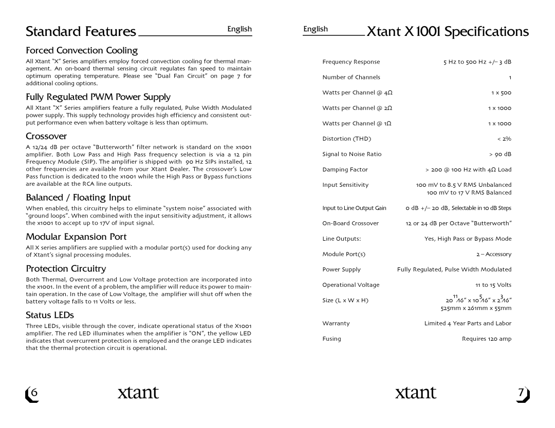 Xtant Model X1001 owner manual Standard Features, Xtant X1001 Specifications 