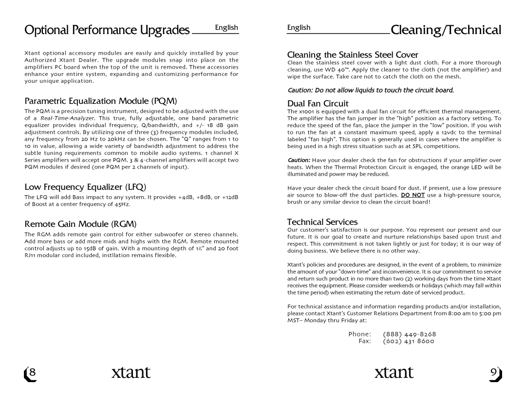 Xtant Model X1001 owner manual EnglishCleaning/Technical 