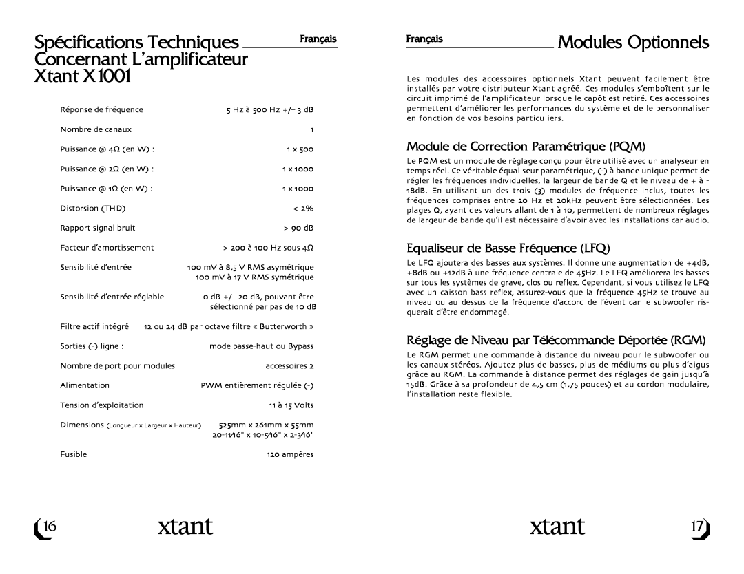 Xtant Model X1001 owner manual Spécifications Techniques, Concernant L’amplificateur, Xtant, Modules Optionnels, Français 