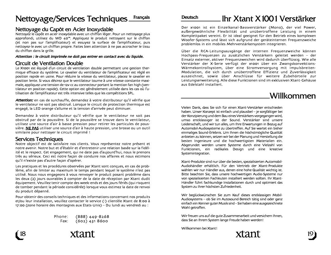 Xtant Model X1001 owner manual Nettoyage/Services Techniques Français, Ihr Xtant X1001 Verstärker, Willkommen, Deutsch 