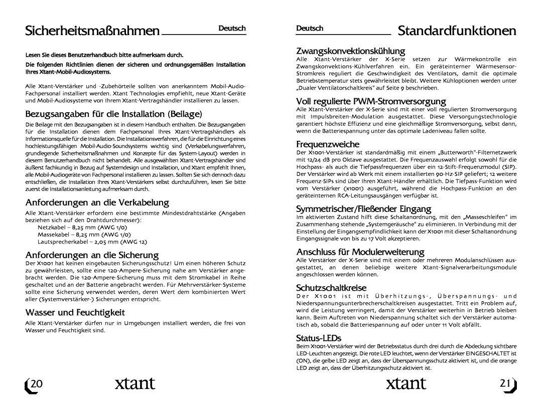 Xtant Model X1001 owner manual Sicherheitsmaßnahmen Deutsch, DeutschStandardfunktionen 