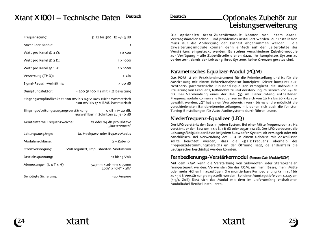 Xtant Model X1001 owner manual Xtant X1001 - Technische Daten Deutsch, Optionales Zubehör zur, Leistungserweiterung 