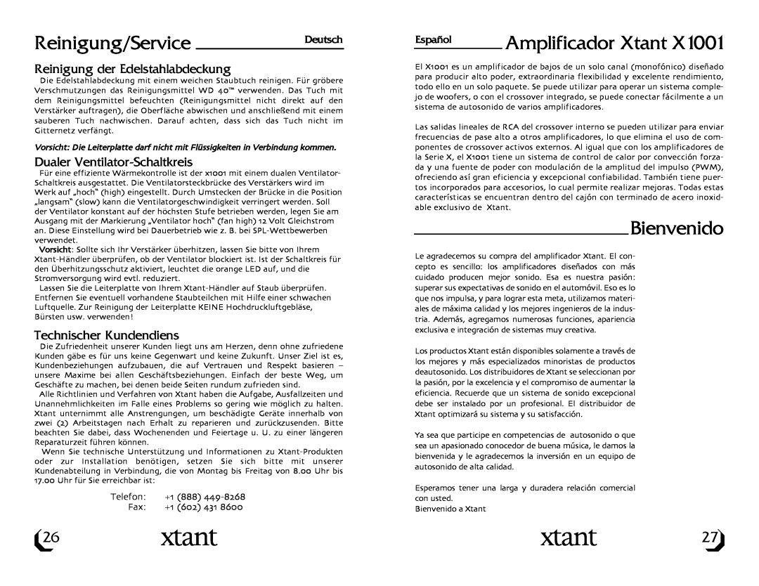 Xtant Model X1001 Reinigung/ServiceDeutsch, Amplificador Xtant, Bienvenido, Reinigung der Edelstahlabdeckung, Español 