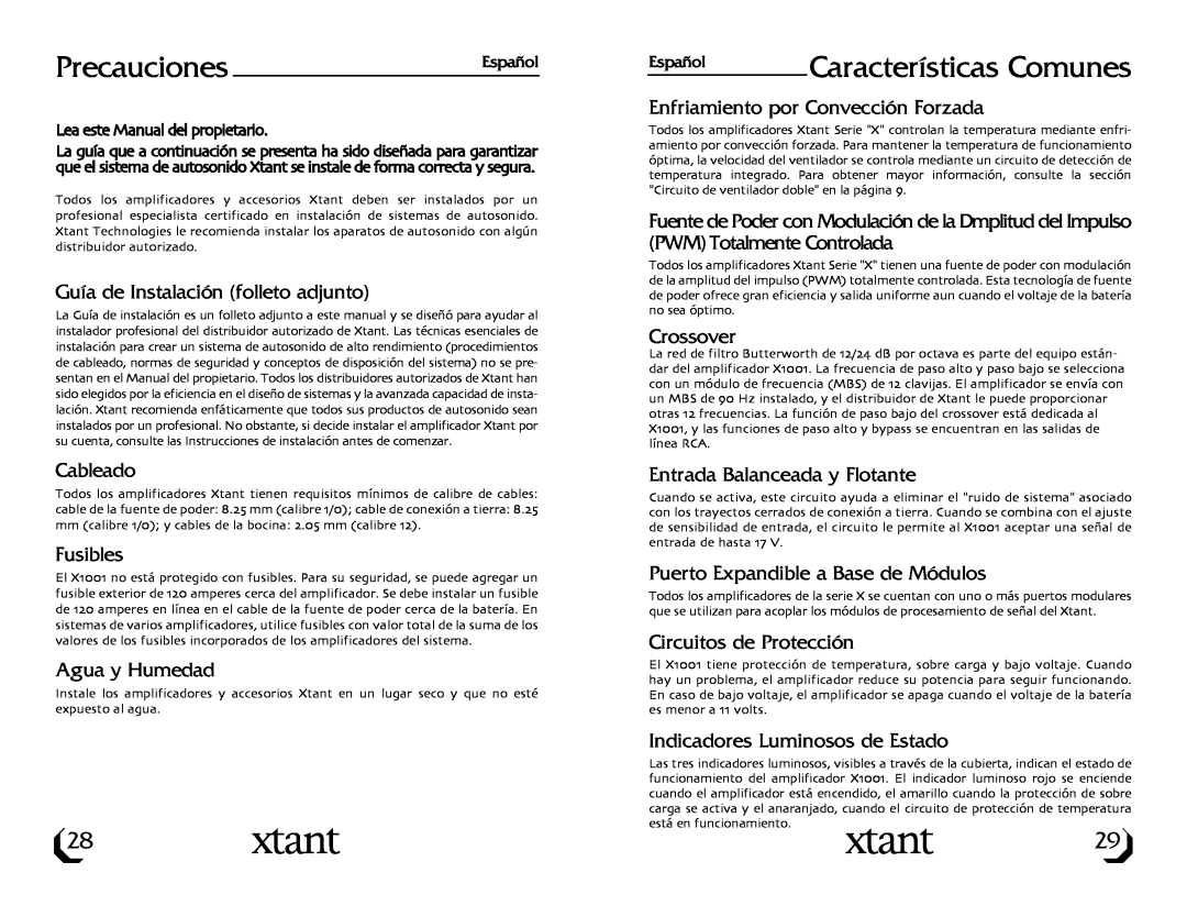 Xtant Model X1001 owner manual PrecaucionesEspañol, Características Comunes 