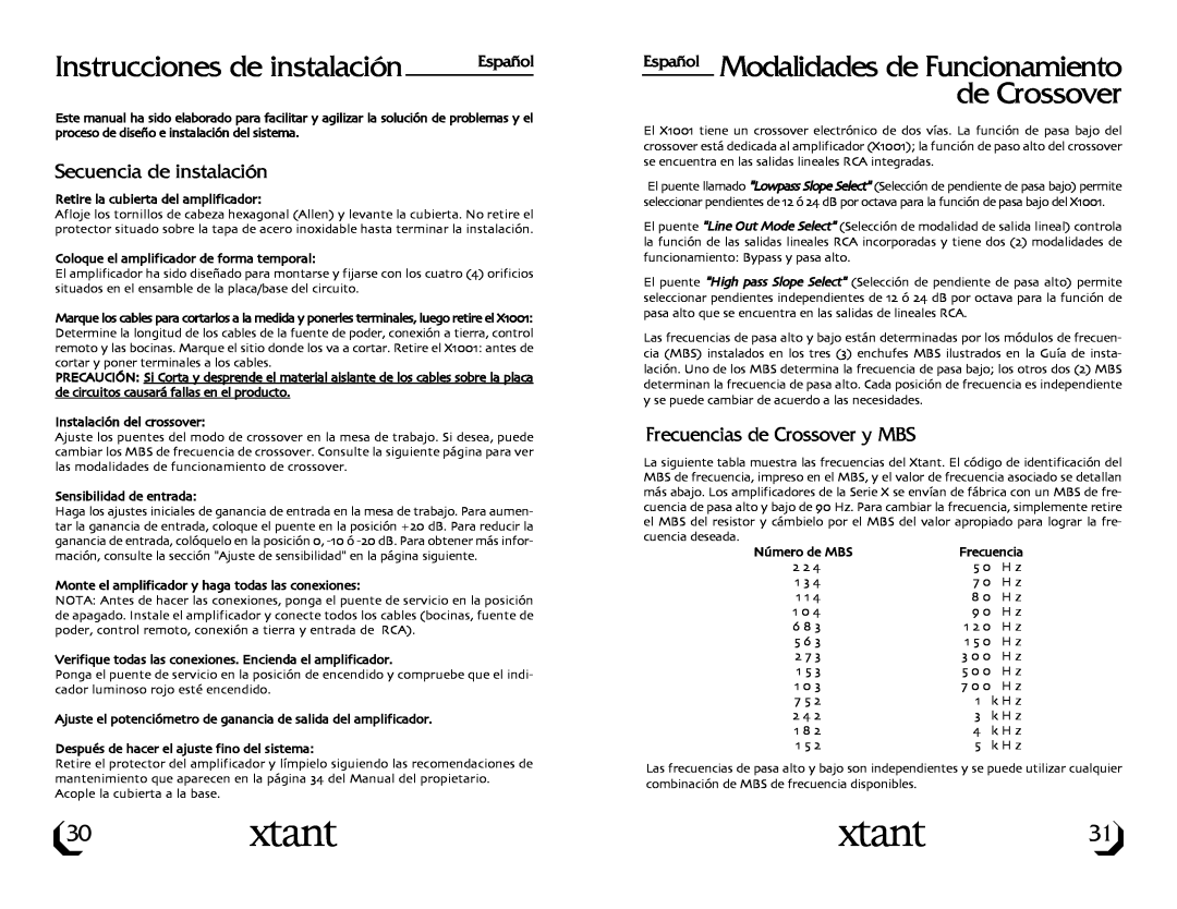 Xtant Model X1001 Instrucciones de instalación, Secuencia de instalación, Frecuencias de Crossover y MBS, Español 