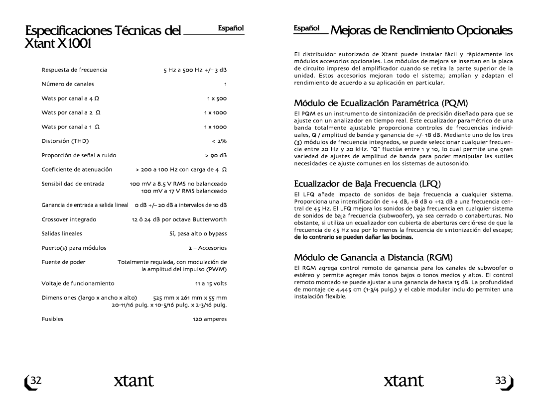 Xtant Model X1001 owner manual Especificaciones Técnicas del, Módulo de Ecualización Paramétrica PQM, Xtant, Español 