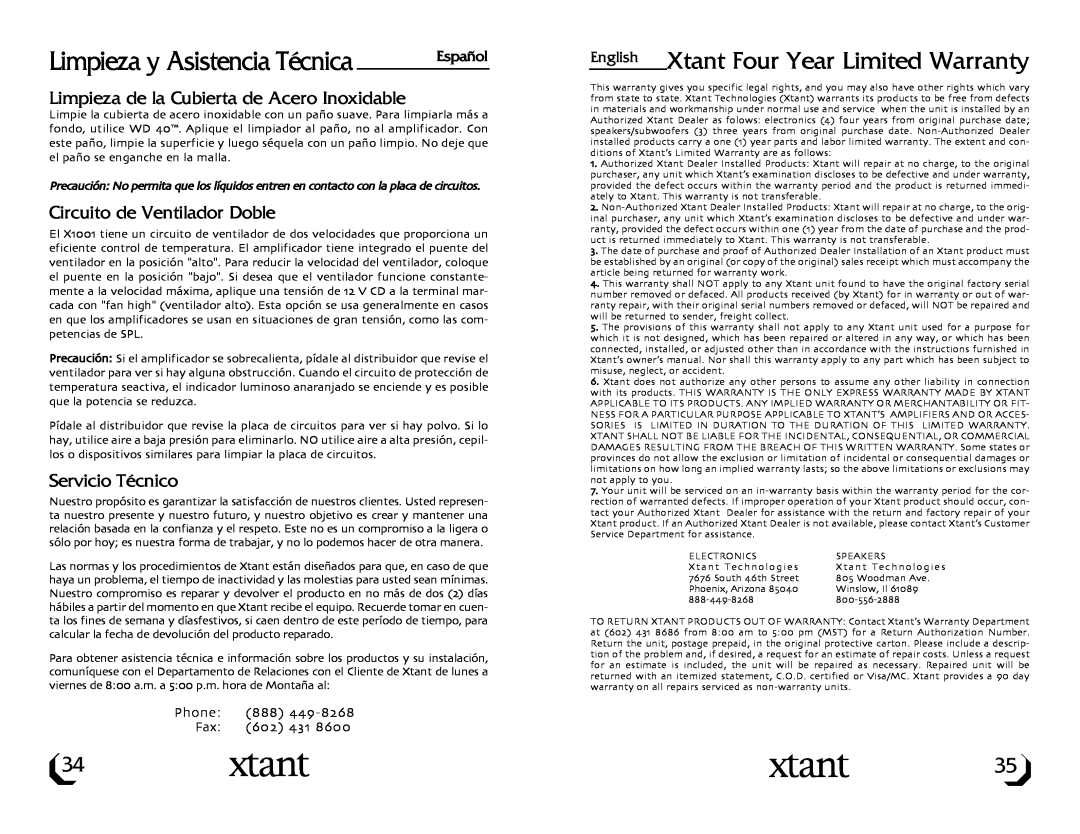 Xtant Model X1001 Limpieza y Asistencia Técnica, English Xtant Four Year Limited Warranty, Circuito de Ventilador Doble 