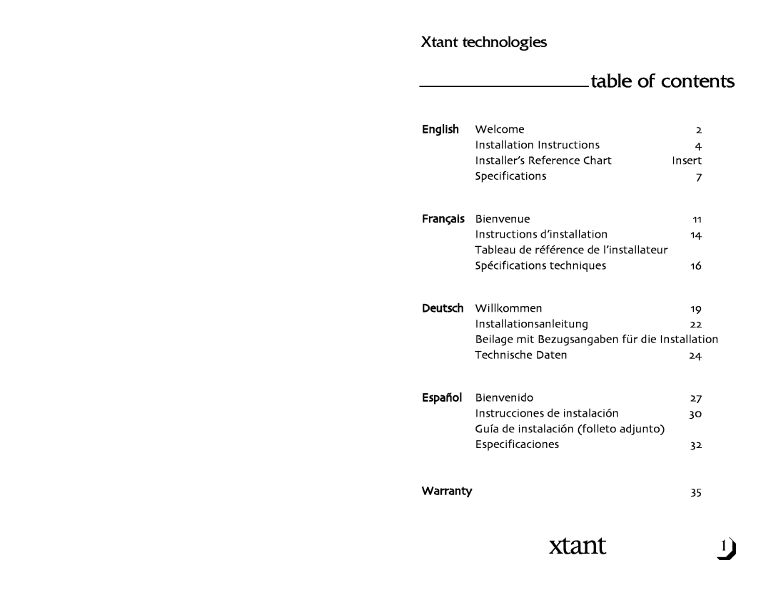 Xtant Model X1001 owner manual table of contents, Xtant technologies, English, Français, Deutsch, Español, Warranty 