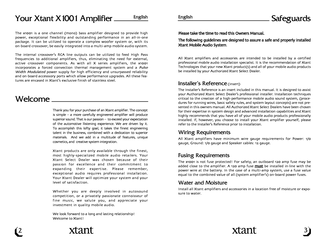 Xtant Model X1001 Your Xtant X1001 Amplifier, Welcome, EnglishSafeguards, Installer’s Reference insert, Water and Moisture 