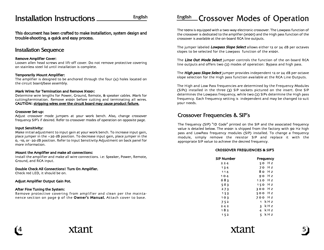 Xtant Model X1001 owner manual Installation Instructions, English Crossover Modes of Operation, Installation Sequence 