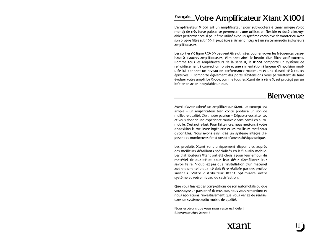 Xtant Model X1001 owner manual Français Votre Amplificateur Xtant, Bienvenue 