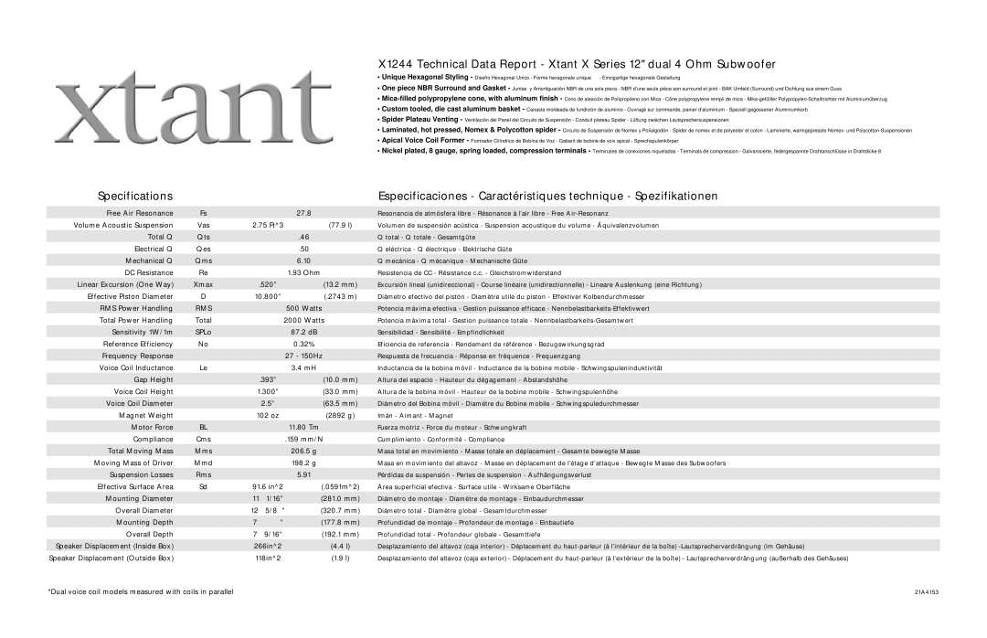 Xtant X1244 specifications Free Air Resonance 27.8, Volume Acoustic Suspension, 75 Ft3 77.9 l, Total Q Qts, Watts, 87.2 dB 