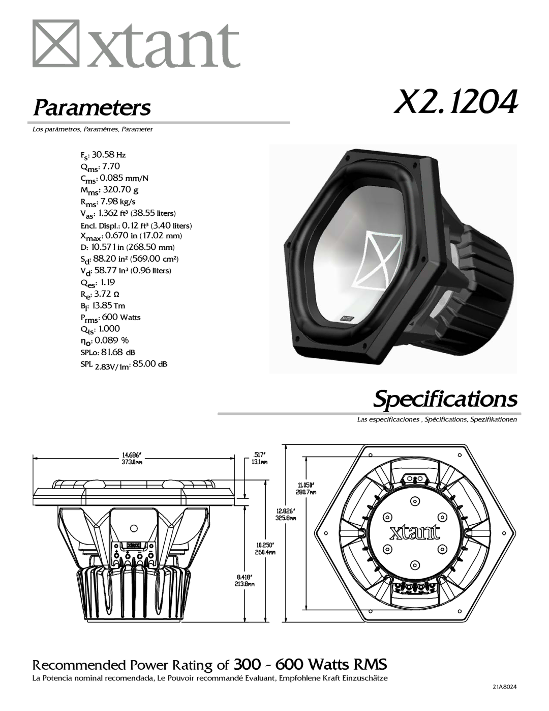 Xtant X2.1204 specifications Parameters, Specifications 