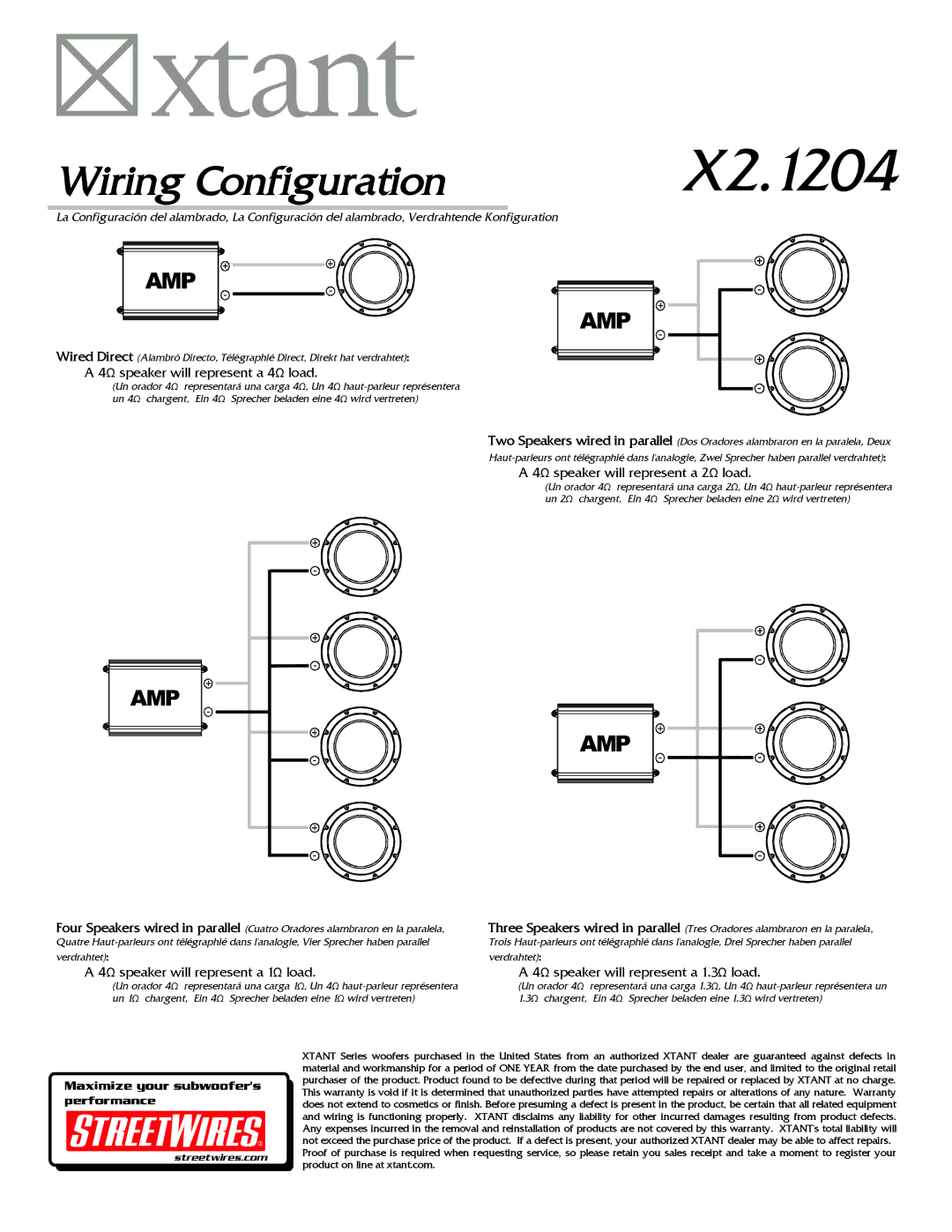 Xtant X2.1204 specifications Wiring Configuration, Amp 