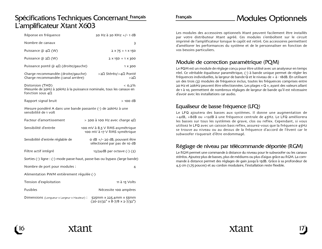 Xtant X603 owner manual Modules Optionnels, Module de correction paramétrique PQM, Equaliseur de basse fréquence LFQ 