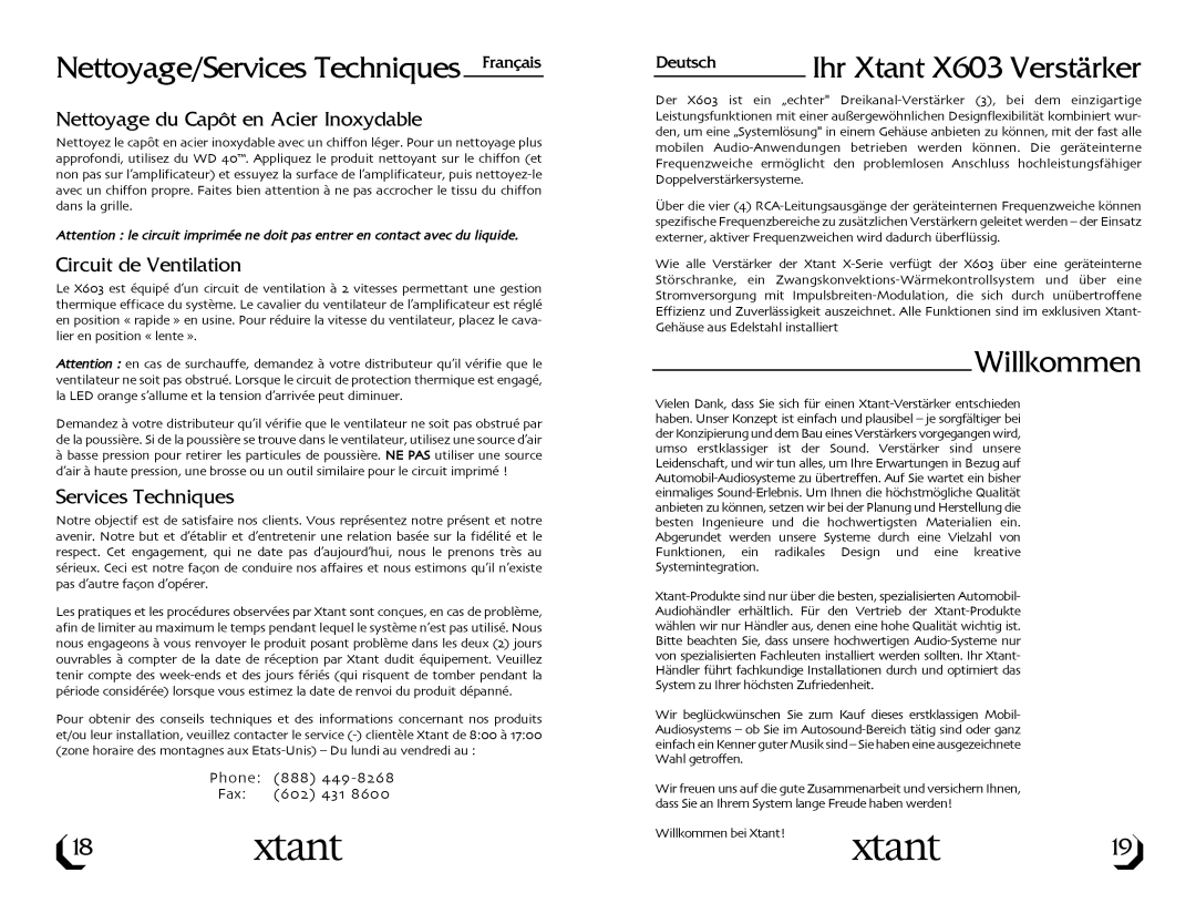 Xtant owner manual Nettoyage/Services Techniques Français, Ihr Xtant X603 Verstärker, Willkommen 