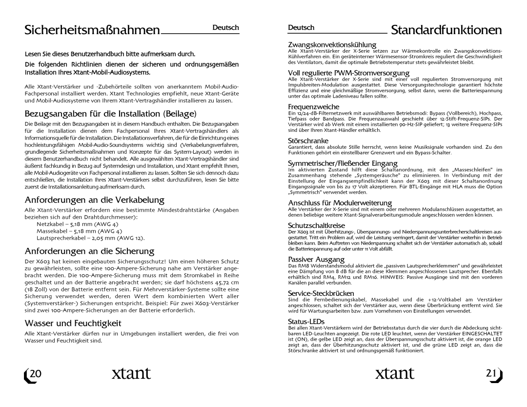 Xtant X603 owner manual Sicherheitsmaßnahmen Deutsch, DeutschStandardfunktionen 